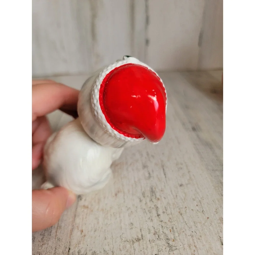 Lefton vintage white Maltese dog puppy Xmas mistletoe Santa hat figure